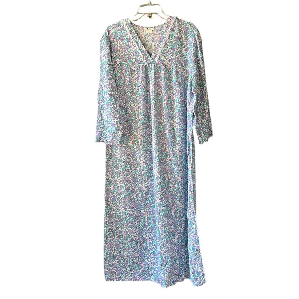 Vintage 100% Cotton Fleece V Neck Maxi Length House Dress Muumuu Pastel Floral